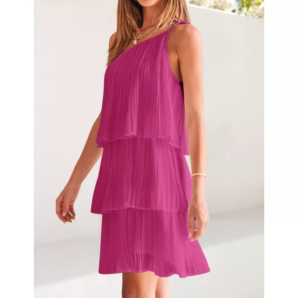 imageZESICA Womens 2024 Boho Summer One Shoulder Sleeveless Ruffle Tiered Layered Chiffon Pleated A Line Flowy Mini DressRose
