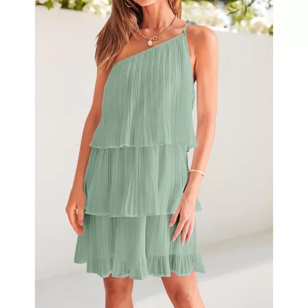 imageZESICA Womens 2024 Boho Summer One Shoulder Sleeveless Ruffle Tiered Layered Chiffon Pleated A Line Flowy Mini DressSage