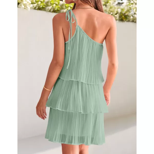 imageZESICA Womens 2024 Boho Summer One Shoulder Sleeveless Ruffle Tiered Layered Chiffon Pleated A Line Flowy Mini DressSage