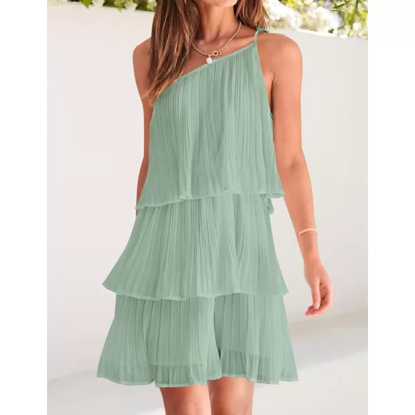 imageZESICA Womens 2024 Boho Summer One Shoulder Sleeveless Ruffle Tiered Layered Chiffon Pleated A Line Flowy Mini DressSage