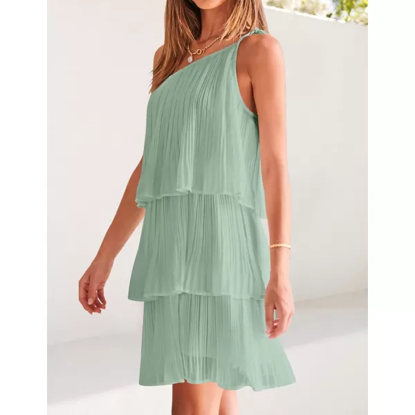 imageZESICA Womens 2024 Boho Summer One Shoulder Sleeveless Ruffle Tiered Layered Chiffon Pleated A Line Flowy Mini DressSage