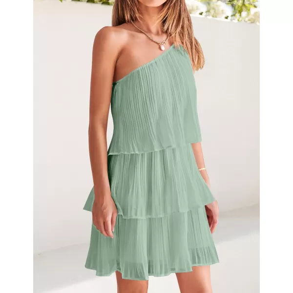 imageZESICA Womens 2024 Boho Summer One Shoulder Sleeveless Ruffle Tiered Layered Chiffon Pleated A Line Flowy Mini DressSage