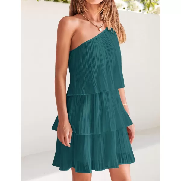 imageZESICA Womens 2024 Boho Summer One Shoulder Sleeveless Ruffle Tiered Layered Chiffon Pleated A Line Flowy Mini DressTeal