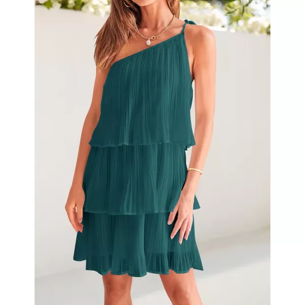imageZESICA Womens 2024 Boho Summer One Shoulder Sleeveless Ruffle Tiered Layered Chiffon Pleated A Line Flowy Mini DressTeal