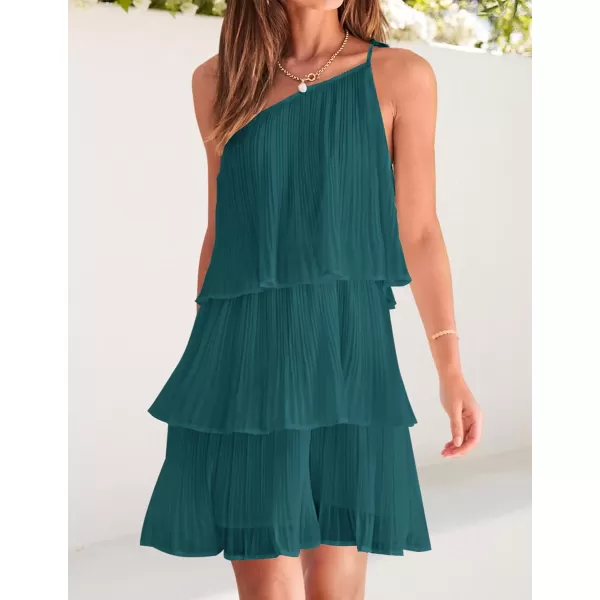 imageZESICA Womens 2024 Boho Summer One Shoulder Sleeveless Ruffle Tiered Layered Chiffon Pleated A Line Flowy Mini DressTeal