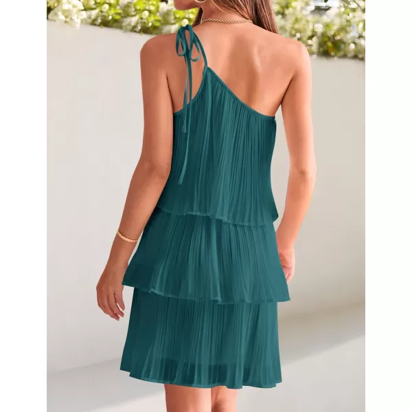 imageZESICA Womens 2024 Boho Summer One Shoulder Sleeveless Ruffle Tiered Layered Chiffon Pleated A Line Flowy Mini DressTeal