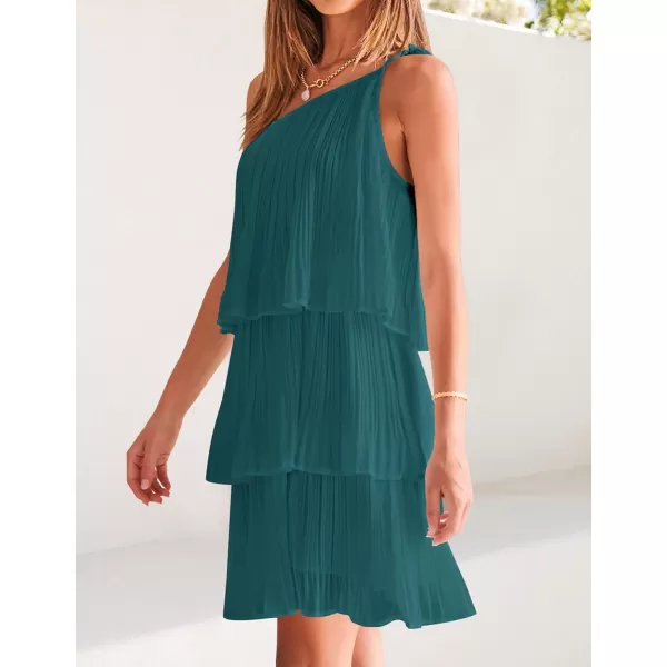 imageZESICA Womens 2024 Boho Summer One Shoulder Sleeveless Ruffle Tiered Layered Chiffon Pleated A Line Flowy Mini DressTeal