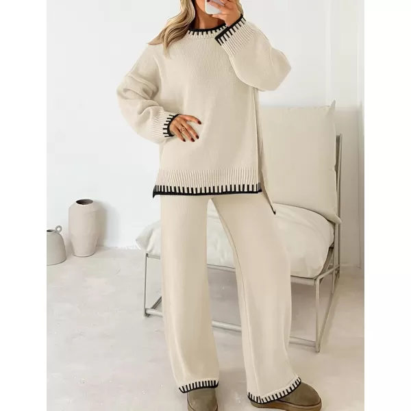 imageZESICA Womens 2024 Fall 2 Piece Outfits Sweater Sets Long Sleeve Pullover Tops Wide Leg Pants Lounge SetApricot