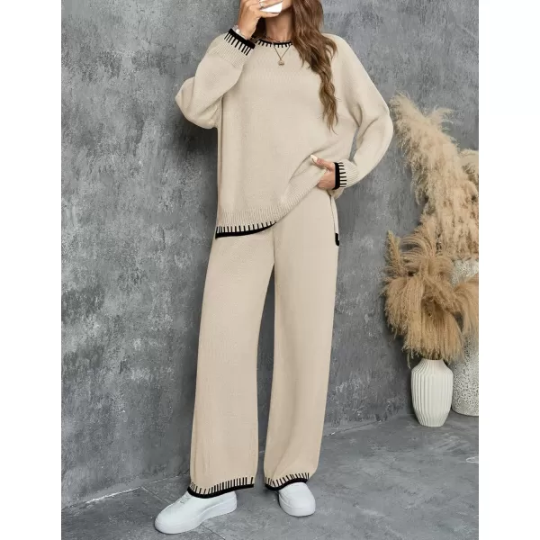 imageZESICA Womens 2024 Fall 2 Piece Outfits Sweater Sets Long Sleeve Pullover Tops Wide Leg Pants Lounge SetApricot