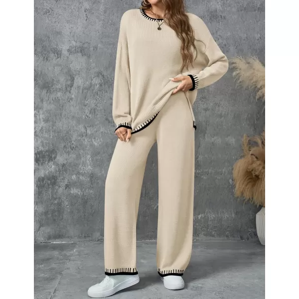 imageZESICA Womens 2024 Fall 2 Piece Outfits Sweater Sets Long Sleeve Pullover Tops Wide Leg Pants Lounge SetApricot