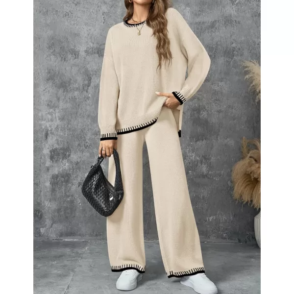 imageZESICA Womens 2024 Fall 2 Piece Outfits Sweater Sets Long Sleeve Pullover Tops Wide Leg Pants Lounge SetApricot