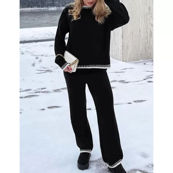 imageZESICA Womens 2024 Fall 2 Piece Outfits Sweater Sets Long Sleeve Pullover Tops Wide Leg Pants Lounge SetBlack
