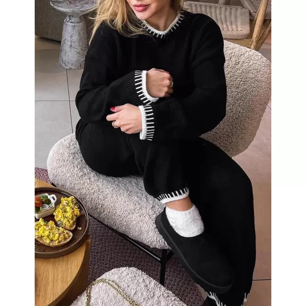 imageZESICA Womens 2024 Fall 2 Piece Outfits Sweater Sets Long Sleeve Pullover Tops Wide Leg Pants Lounge SetBlack