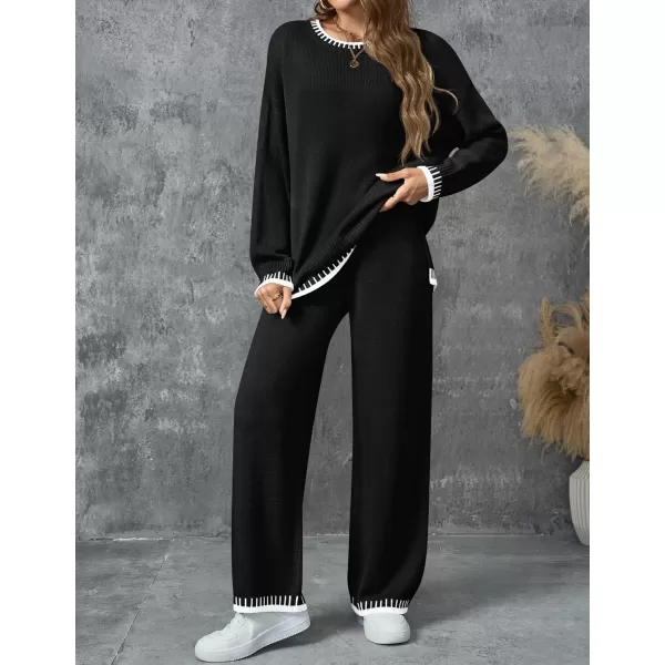 imageZESICA Womens 2024 Fall 2 Piece Outfits Sweater Sets Long Sleeve Pullover Tops Wide Leg Pants Lounge SetBlack