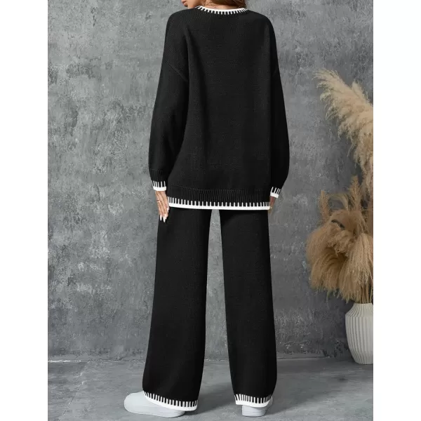 imageZESICA Womens 2024 Fall 2 Piece Outfits Sweater Sets Long Sleeve Pullover Tops Wide Leg Pants Lounge SetBlack