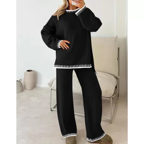 imageZESICA Womens 2024 Fall 2 Piece Outfits Sweater Sets Long Sleeve Pullover Tops Wide Leg Pants Lounge SetBlack