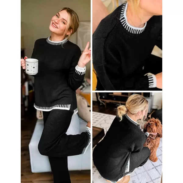 imageZESICA Womens 2024 Fall 2 Piece Outfits Sweater Sets Long Sleeve Pullover Tops Wide Leg Pants Lounge SetBlack