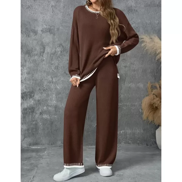 imageZESICA Womens 2024 Fall 2 Piece Outfits Sweater Sets Long Sleeve Pullover Tops Wide Leg Pants Lounge SetBrown