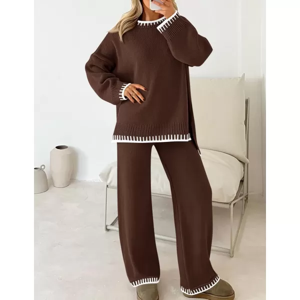 imageZESICA Womens 2024 Fall 2 Piece Outfits Sweater Sets Long Sleeve Pullover Tops Wide Leg Pants Lounge SetBrown
