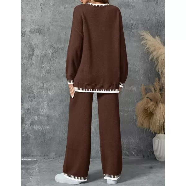 imageZESICA Womens 2024 Fall 2 Piece Outfits Sweater Sets Long Sleeve Pullover Tops Wide Leg Pants Lounge SetBrown