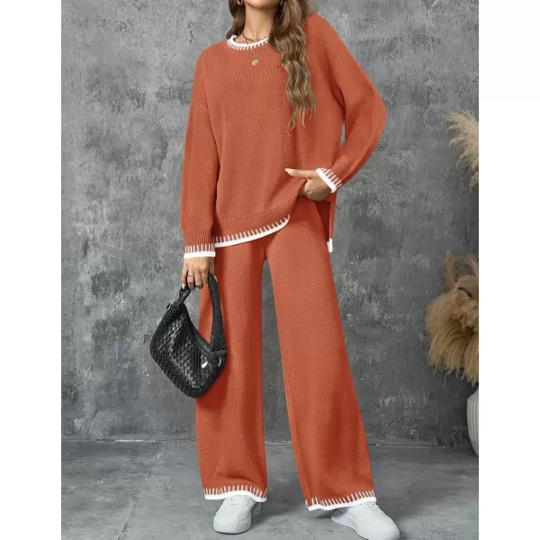 imageZESICA Womens 2024 Fall 2 Piece Outfits Sweater Sets Long Sleeve Pullover Tops Wide Leg Pants Lounge SetCoral