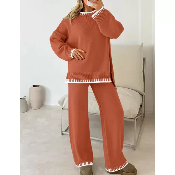 imageZESICA Womens 2024 Fall 2 Piece Outfits Sweater Sets Long Sleeve Pullover Tops Wide Leg Pants Lounge SetCoral
