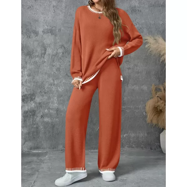 imageZESICA Womens 2024 Fall 2 Piece Outfits Sweater Sets Long Sleeve Pullover Tops Wide Leg Pants Lounge SetCoral