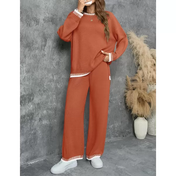imageZESICA Womens 2024 Fall 2 Piece Outfits Sweater Sets Long Sleeve Pullover Tops Wide Leg Pants Lounge SetCoral