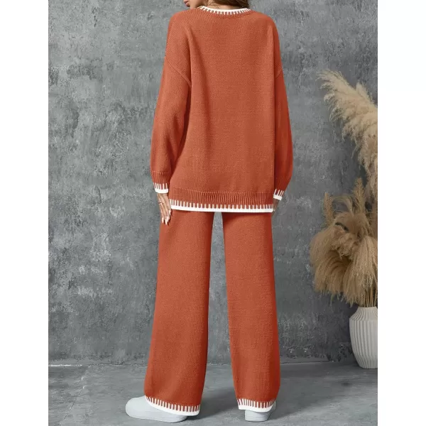 imageZESICA Womens 2024 Fall 2 Piece Outfits Sweater Sets Long Sleeve Pullover Tops Wide Leg Pants Lounge SetCoral