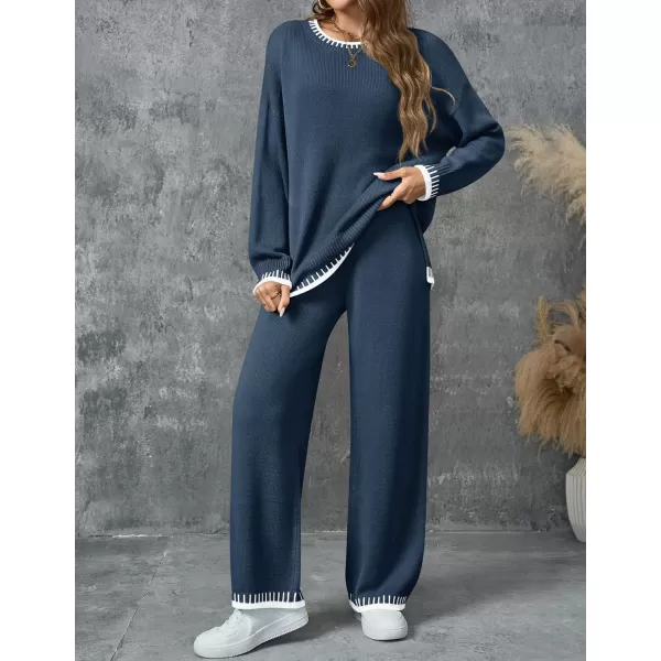 imageZESICA Womens 2024 Fall 2 Piece Outfits Sweater Sets Long Sleeve Pullover Tops Wide Leg Pants Lounge SetDusty Blue