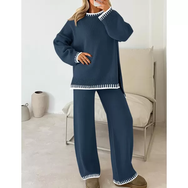 imageZESICA Womens 2024 Fall 2 Piece Outfits Sweater Sets Long Sleeve Pullover Tops Wide Leg Pants Lounge SetDusty Blue