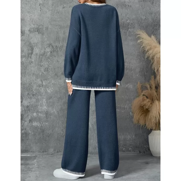 imageZESICA Womens 2024 Fall 2 Piece Outfits Sweater Sets Long Sleeve Pullover Tops Wide Leg Pants Lounge SetDusty Blue