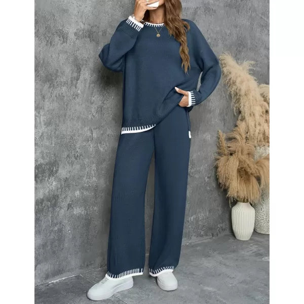 imageZESICA Womens 2024 Fall 2 Piece Outfits Sweater Sets Long Sleeve Pullover Tops Wide Leg Pants Lounge SetDusty Blue