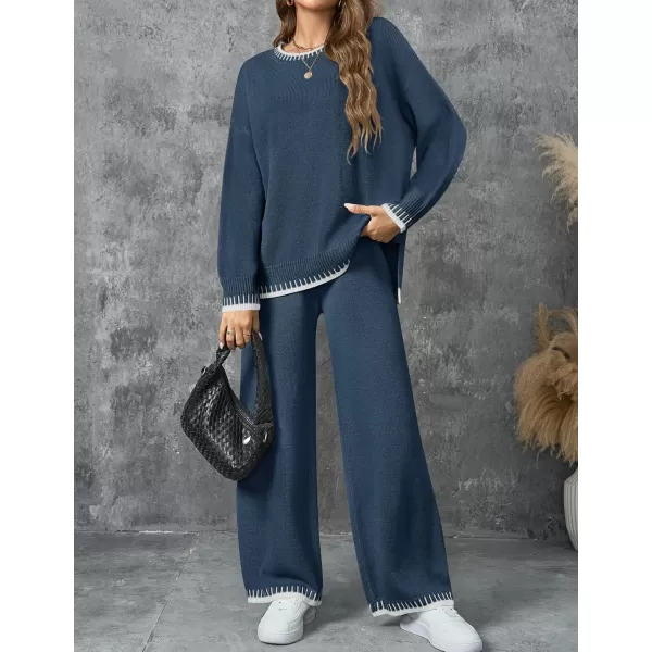 imageZESICA Womens 2024 Fall 2 Piece Outfits Sweater Sets Long Sleeve Pullover Tops Wide Leg Pants Lounge SetDusty Blue