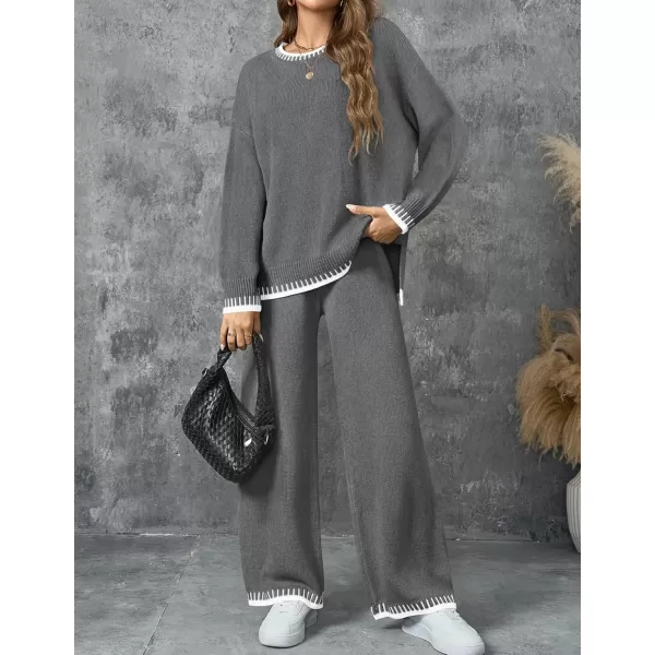 imageZESICA Womens 2024 Fall 2 Piece Outfits Sweater Sets Long Sleeve Pullover Tops Wide Leg Pants Lounge SetGray
