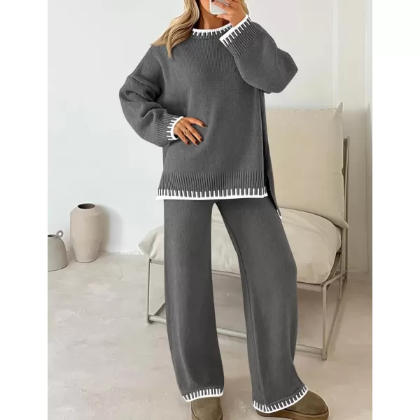 imageZESICA Womens 2024 Fall 2 Piece Outfits Sweater Sets Long Sleeve Pullover Tops Wide Leg Pants Lounge SetGray