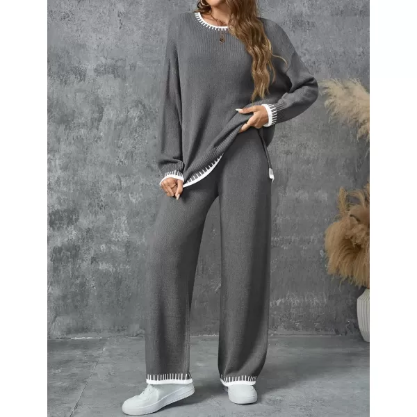 imageZESICA Womens 2024 Fall 2 Piece Outfits Sweater Sets Long Sleeve Pullover Tops Wide Leg Pants Lounge SetGray