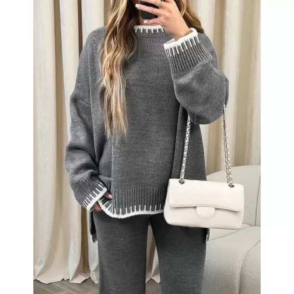 imageZESICA Womens 2024 Fall 2 Piece Outfits Sweater Sets Long Sleeve Pullover Tops Wide Leg Pants Lounge SetGray
