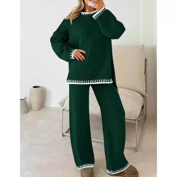 imageZESICA Womens 2024 Fall 2 Piece Outfits Sweater Sets Long Sleeve Pullover Tops Wide Leg Pants Lounge SetGreen