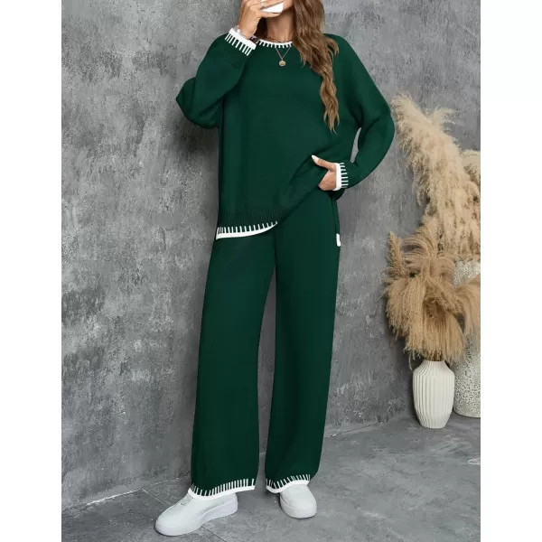 imageZESICA Womens 2024 Fall 2 Piece Outfits Sweater Sets Long Sleeve Pullover Tops Wide Leg Pants Lounge SetGreen