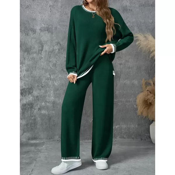 imageZESICA Womens 2024 Fall 2 Piece Outfits Sweater Sets Long Sleeve Pullover Tops Wide Leg Pants Lounge SetGreen