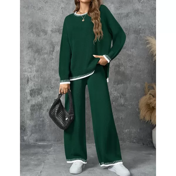 imageZESICA Womens 2024 Fall 2 Piece Outfits Sweater Sets Long Sleeve Pullover Tops Wide Leg Pants Lounge SetGreen