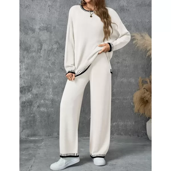 imageZESICA Womens 2024 Fall 2 Piece Outfits Sweater Sets Long Sleeve Pullover Tops Wide Leg Pants Lounge SetIvory