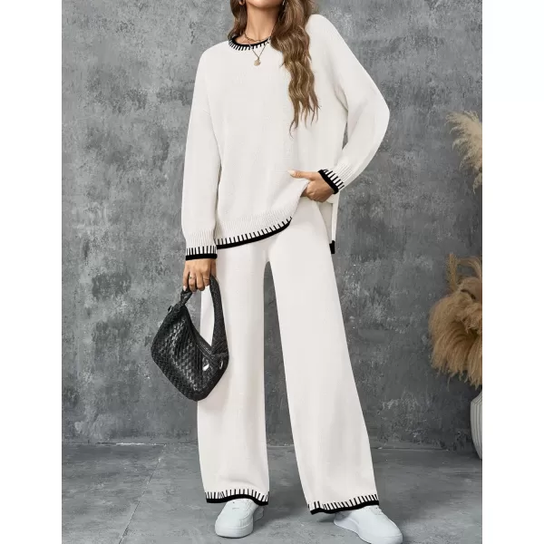 imageZESICA Womens 2024 Fall 2 Piece Outfits Sweater Sets Long Sleeve Pullover Tops Wide Leg Pants Lounge SetIvory