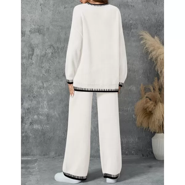 imageZESICA Womens 2024 Fall 2 Piece Outfits Sweater Sets Long Sleeve Pullover Tops Wide Leg Pants Lounge SetIvory