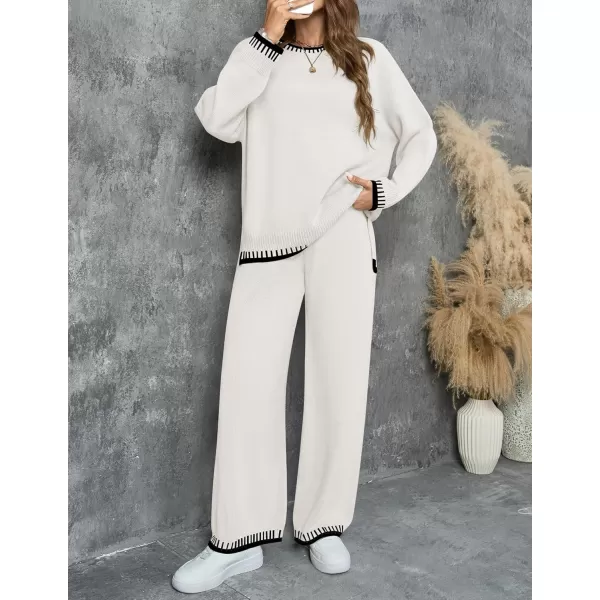 imageZESICA Womens 2024 Fall 2 Piece Outfits Sweater Sets Long Sleeve Pullover Tops Wide Leg Pants Lounge SetIvory