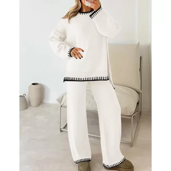imageZESICA Womens 2024 Fall 2 Piece Outfits Sweater Sets Long Sleeve Pullover Tops Wide Leg Pants Lounge SetIvory