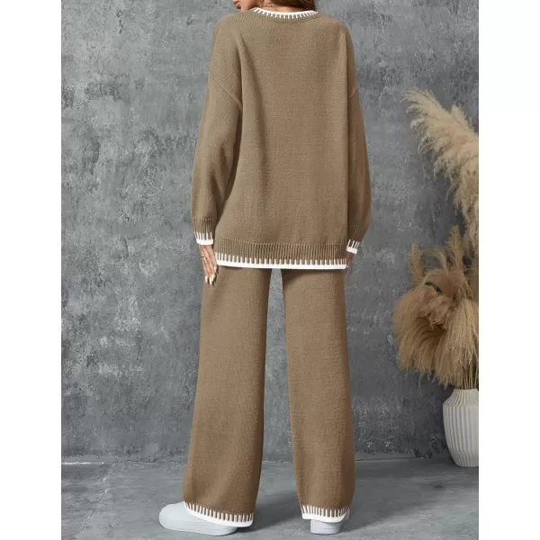 imageZESICA Womens 2024 Fall 2 Piece Outfits Sweater Sets Long Sleeve Pullover Tops Wide Leg Pants Lounge SetKhaki