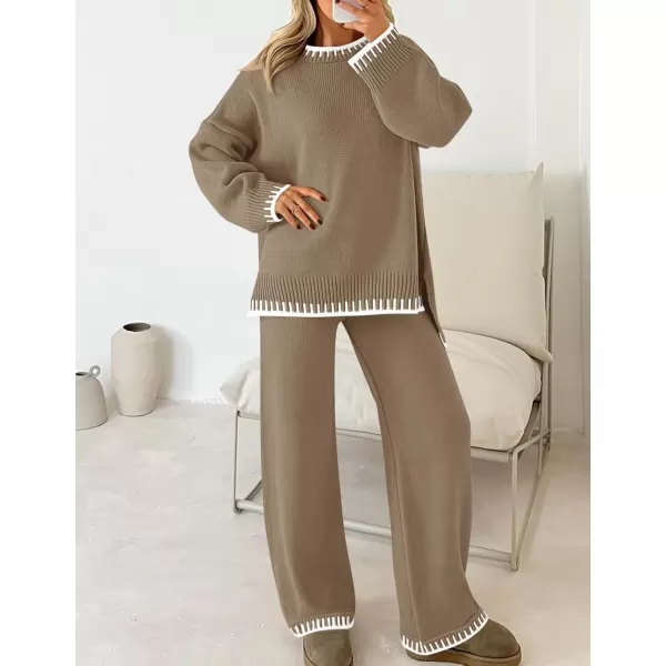imageZESICA Womens 2024 Fall 2 Piece Outfits Sweater Sets Long Sleeve Pullover Tops Wide Leg Pants Lounge SetKhaki