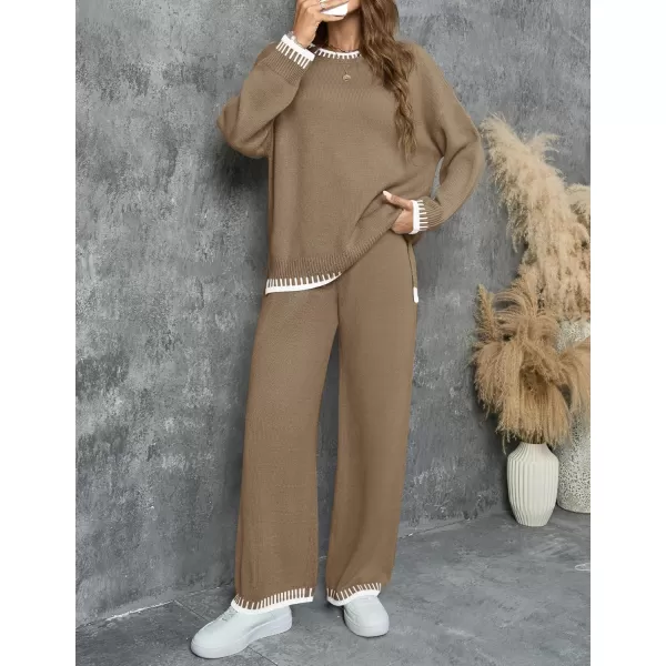 imageZESICA Womens 2024 Fall 2 Piece Outfits Sweater Sets Long Sleeve Pullover Tops Wide Leg Pants Lounge SetKhaki